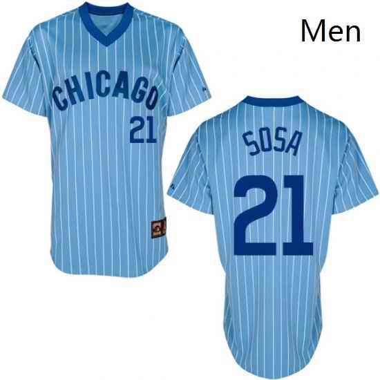 Mens Majestic Chicago Cubs 21 Sammy Sosa Replica BlueWhite Strip Cooperstown Throwback MLB Jersey